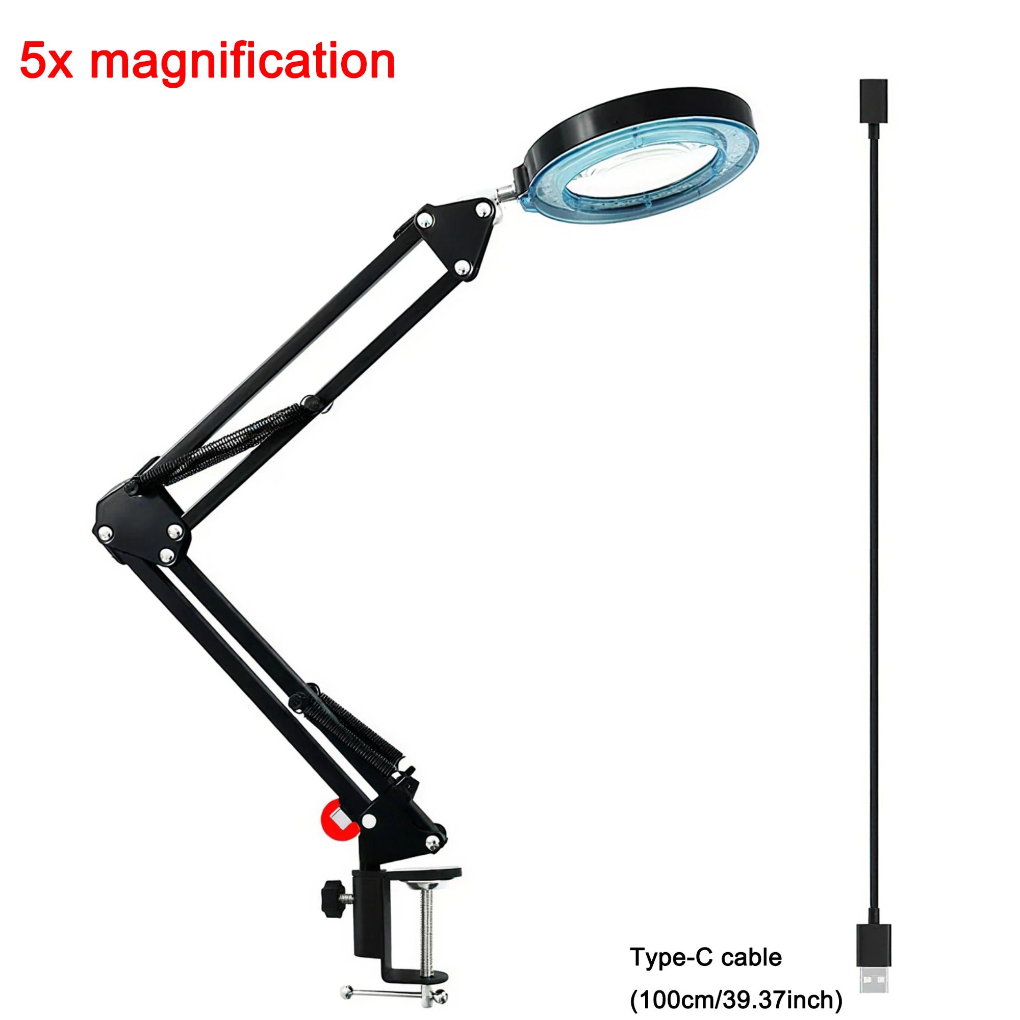 

5X Magnifying LED Desk Lamp with 5 Color Temps & 10 Dimming Levels, USB/Type-C Powered, Adjustable Metal Arm & Clamp 5X