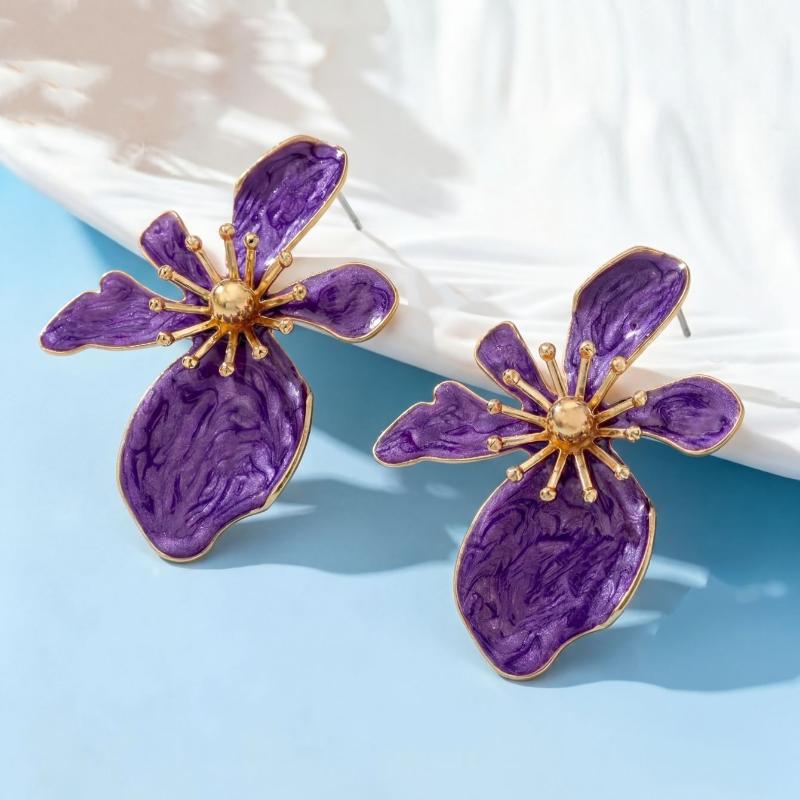 Marbled Enamel Flower Earrings with Polished Gold Trim Lovely Chic Design for Wedding Prom Party Gift for Her