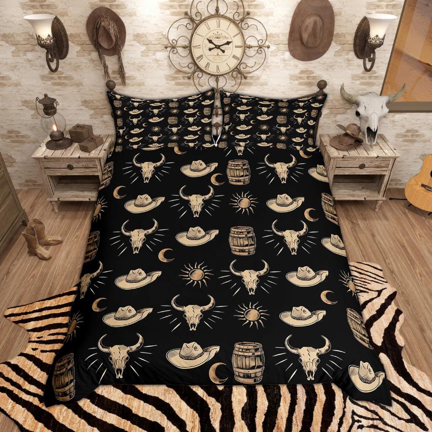 Homewish Western Cowboy Cowgirl Bettbezug-Set, Rustikales Bauernhaus Bettwäsche-Set, Vintage Stiefel Hüte Bettdeckenbezug-Set