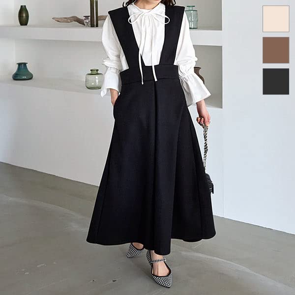 Kobe Lettuce Faux Wool Flared Jumper Skirt [E3239] Free Size Black