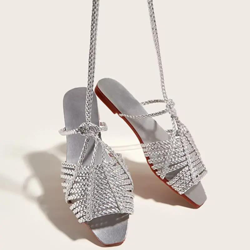 Fashion Womens Shoes 2025 All-Match Female Sandal Open Toe Large Size Strappy Heels Luxury New Girls Flat Peep Summer Big Beige