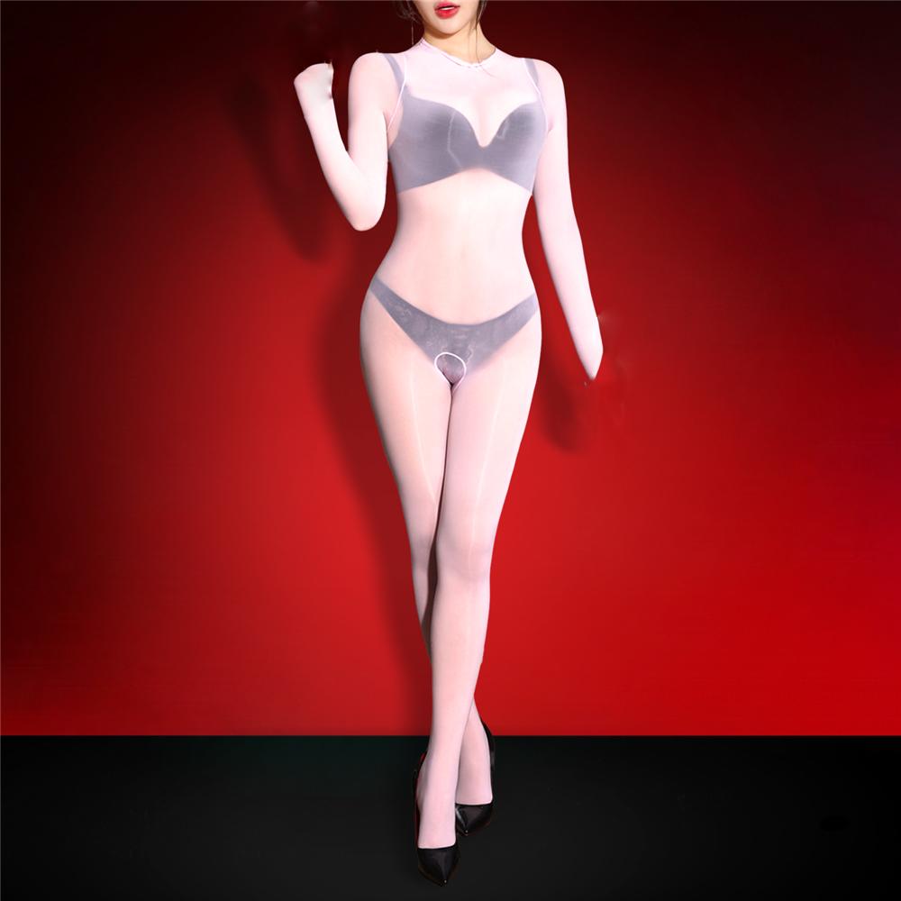 Sexy Women Cosplay Maid Tights Oil Glossy Shiny Bodysuit 5D Thin Silky Jumpsuit Back Put On Shaping Leotard Candy Color