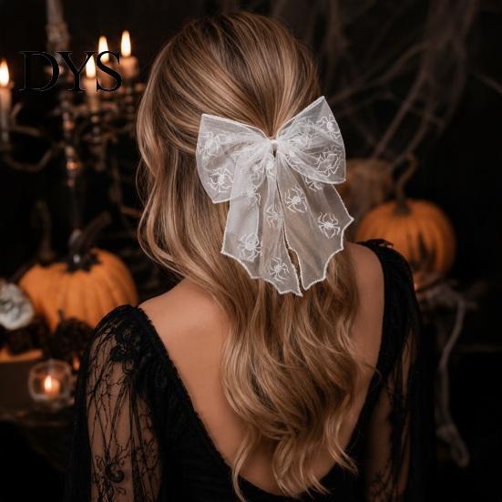 Halloween Hair Accessories Lace Bow, Bat/Spider/Web Embroidery Hairpin, Gothic Style Asian Dark Girl Clip Large Bow for Cosplay Party Sweet Cool
