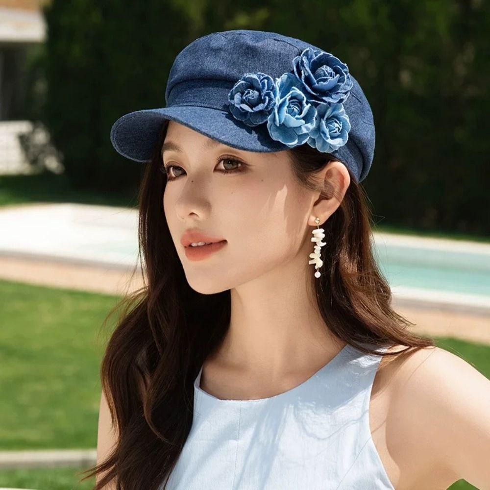 Adjustable Denim Camellia Beret Hat Artistic Painter Caps Vintage Flower Flat Top Hat  Lady