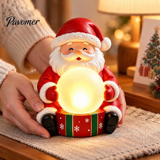 Santa Claus Figurine with Light Up Figurine, Christmas Statue Holding Glowing Crystal Ball, Warm Holiday Atmosphere Lighting Night Light, Tabletop