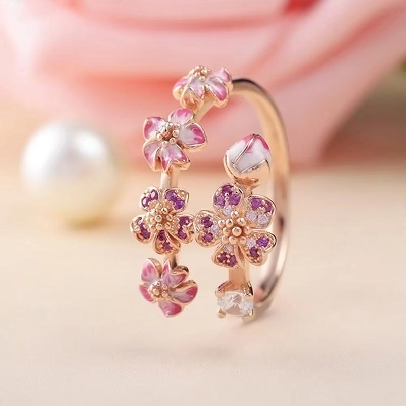 Anello S925 in Argento Smalto Rosa Fiore di Pesco Cristallo per Donne Semplice Raffinato Gioiello per Matrimonio Festa