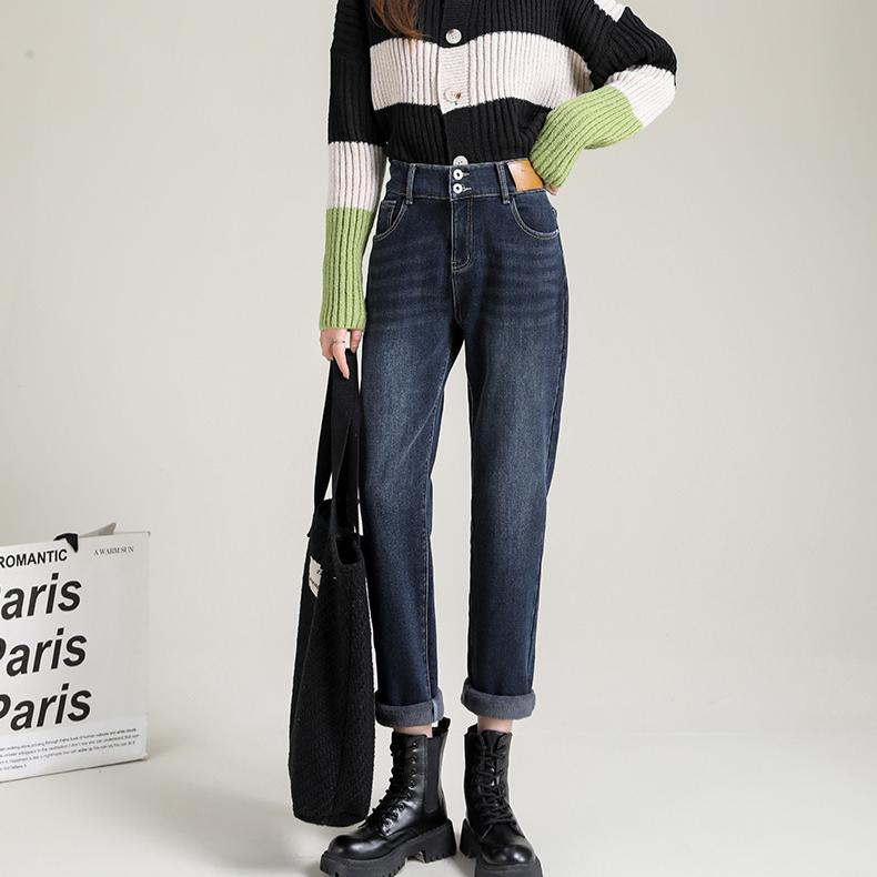 Haren Fleece Jeans for Women Autumn and Winter High Waist Loose Tight Waist Carrot Dad Pants for Women