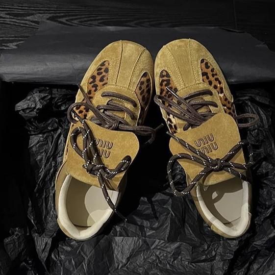 Cowhide Version~ Genuine Leather Horse Hair Miu Fengde Training Shoes Women's Thick-soled Round Head Lace-up Casual Sports Shoes Forrest Gump Board Sh