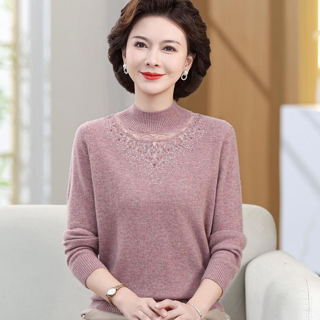 2025 New Style Mid-Neck Pure Wool Sweater with Embroidery for Middle-Aged & Elderly Women – Perfect for Autumn & Winter