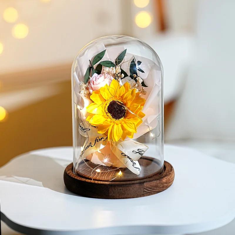 Real Dried Sunflower Bouquet with LED Light Real Eternal Roses Lamp Sunflower Glass Cover Graduation Valentine's Mother's Gift