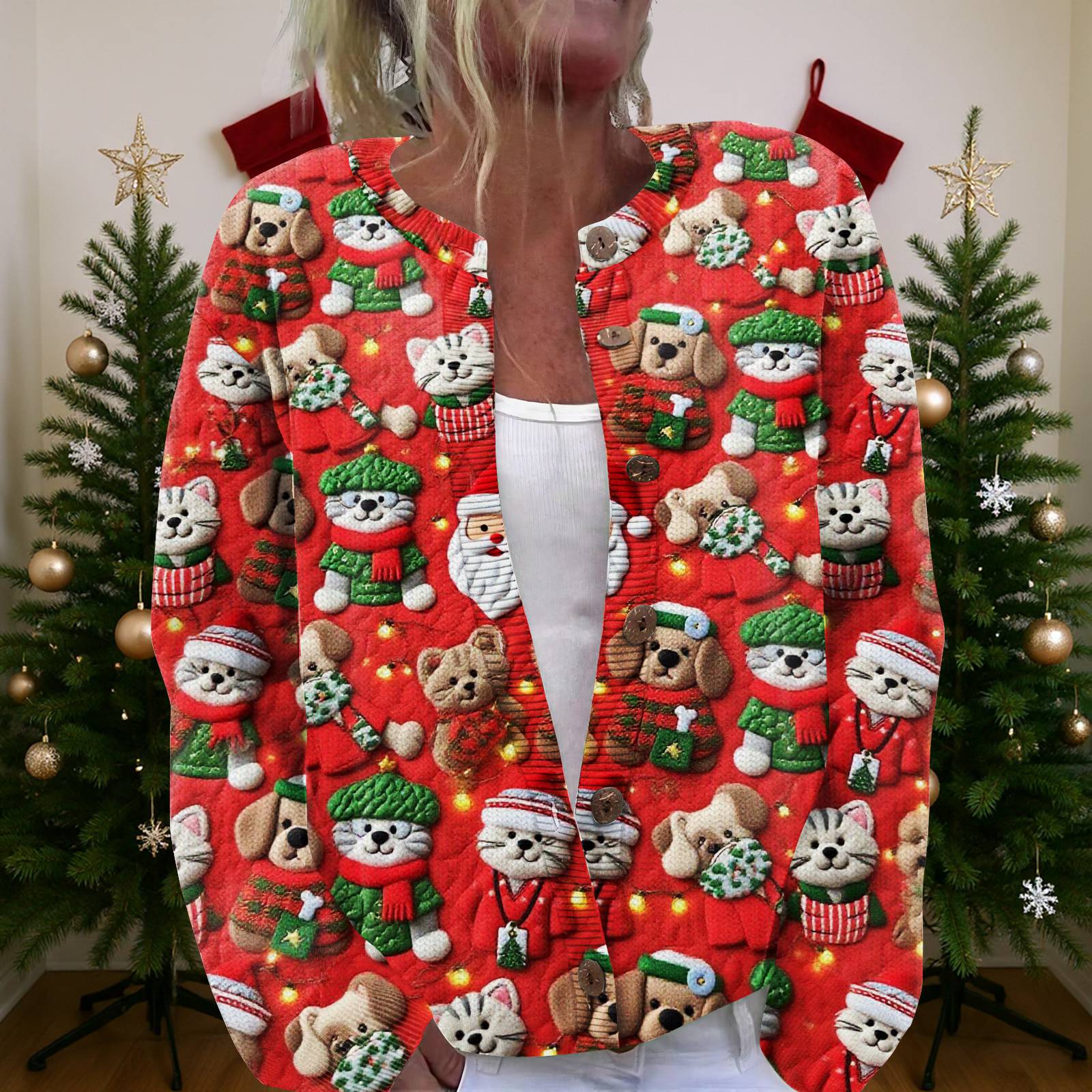 

Женский рождественский свитер Милый забавный рождественский свитер Осень и зима Свитер с длинным рукавом вязаный L киноварь