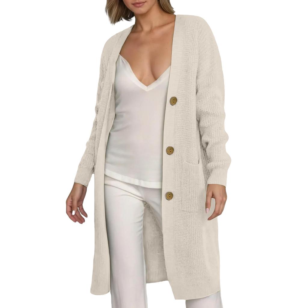 Women's Solid Color Long Sleeved Knee Length Knitted Cardigan, Lazy Trend, Medium Long Hair Jacket