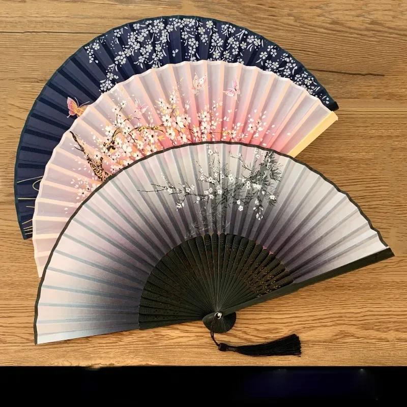 2026 Latest Models Vintage Silk Folding Fan, Chinese, Japanese, Bamboo, Tassel, Dance Hand Fan, Home Decoration, Ornament Craft
