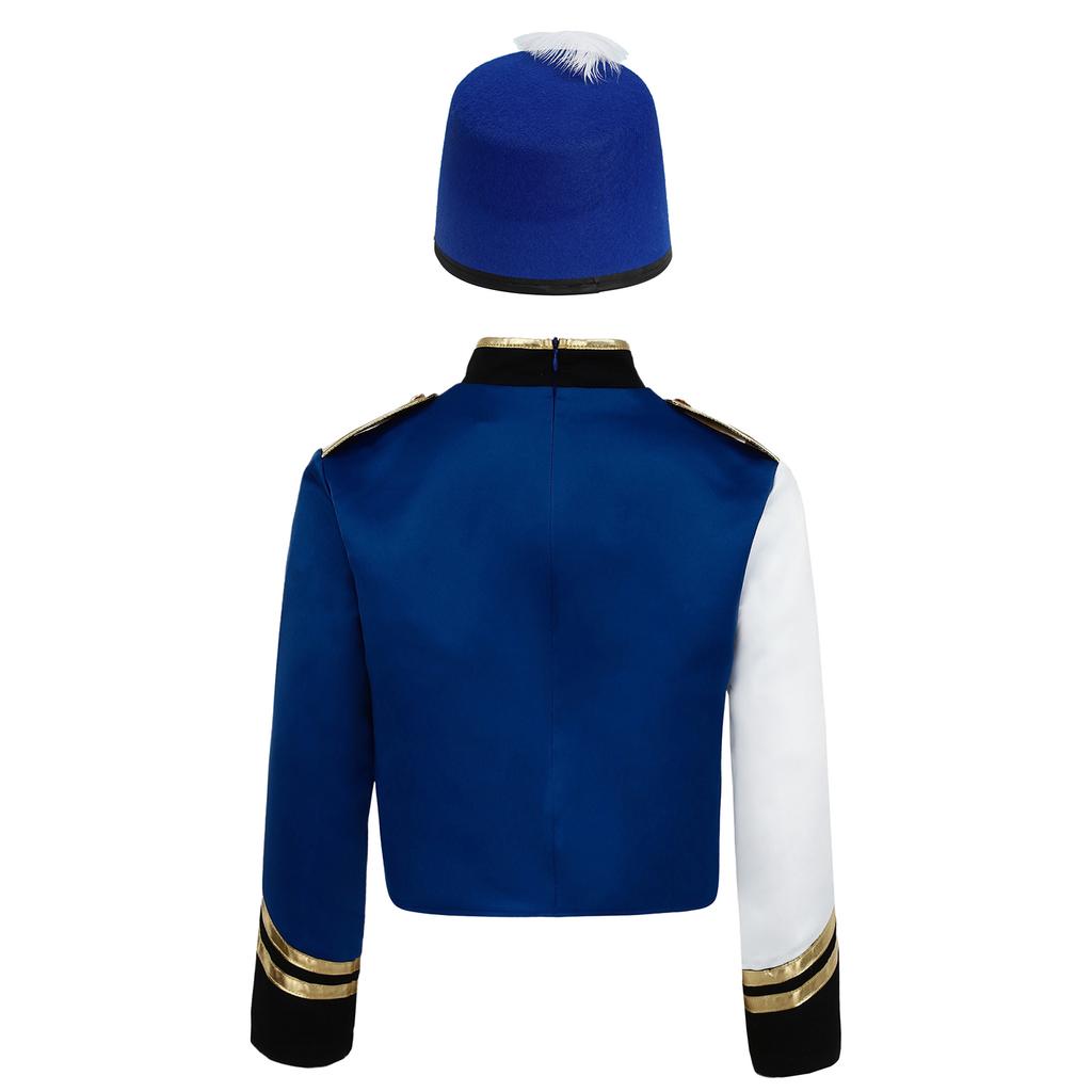 Boys Marching Band Uniform Stand Collar Long Sleeve Sequins Patchwork Color Block Design Epaulets Buttons Hat Set