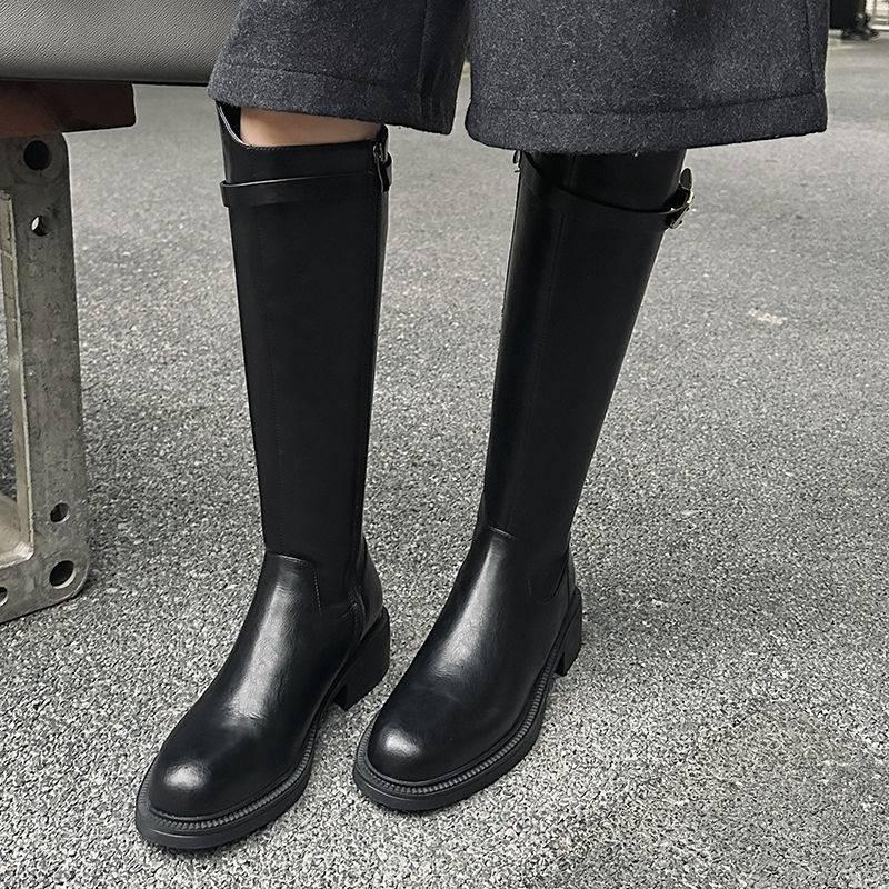 Autumn and winter platform knight boots women's medium heel round head versatile leather high boots new rubber sole large size women's boots