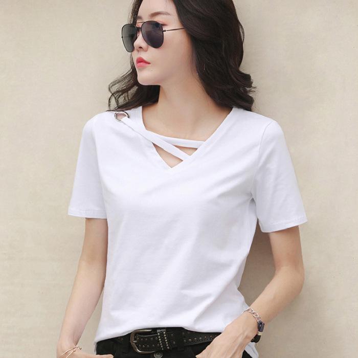 Korean Style V-Neck Black Loose Casual Summer T-Shirt for Women