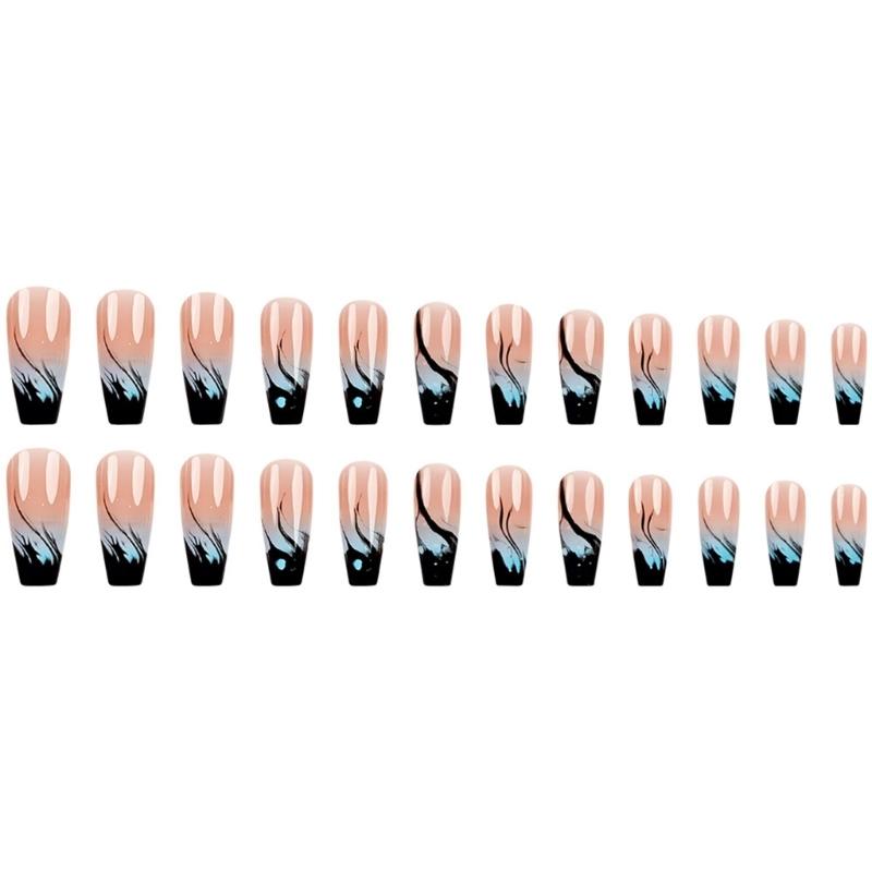 Press Long Pcs Ballerinas 24 On Nail Blue Gradient Flame False Nail Acrylic Nail Glossy Full Cover Stick On Nail