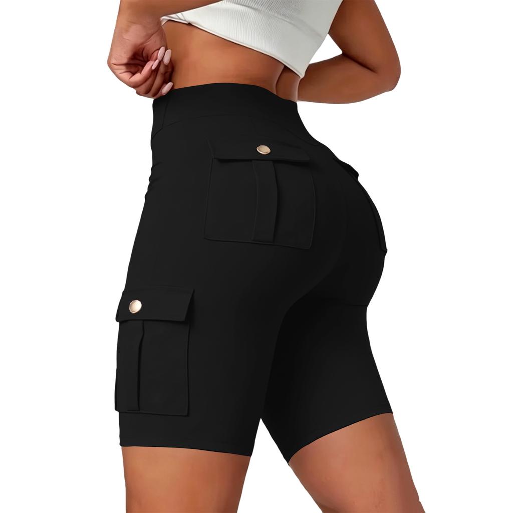Damen Yoga-Shorts mit Taschen - Atmungsaktive Knopfleiste Hoher Bund Trainingshose
