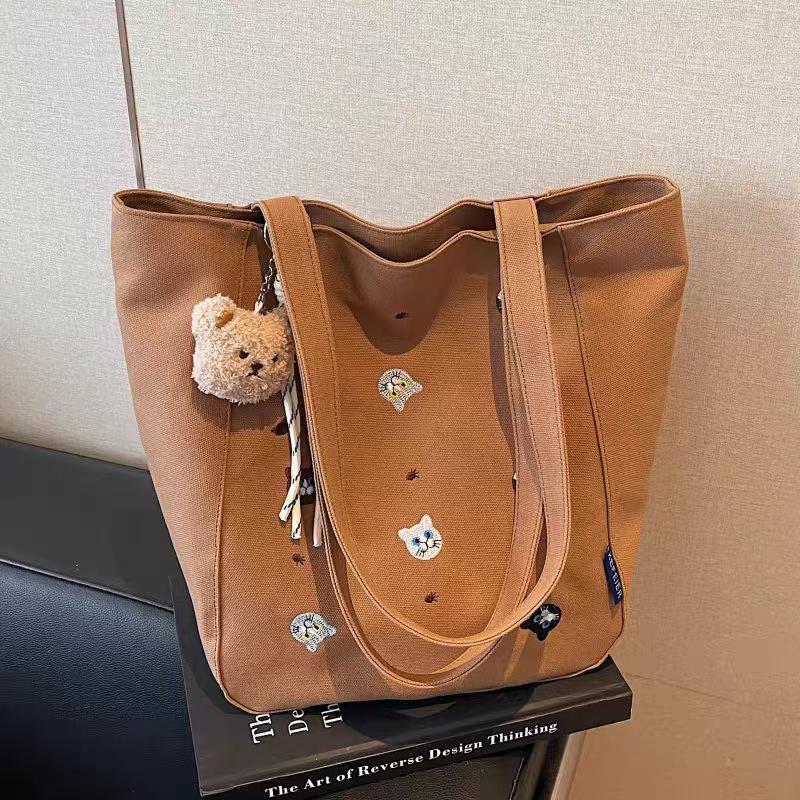 Cute Embroidery Cartoon Canvas Shoulder Bag Simple Casual Large Capacity Vintage Commuter Tote for Women
