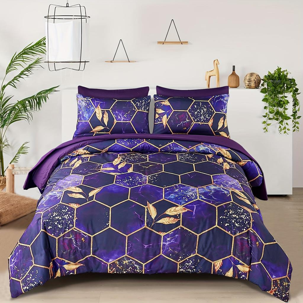 Honeycomb Duvet Cover Set Geometric Hexagon Duvet Cover Gold Leaf Bedding Set Ultra Soft Lightweight Microfiber Bedding Set