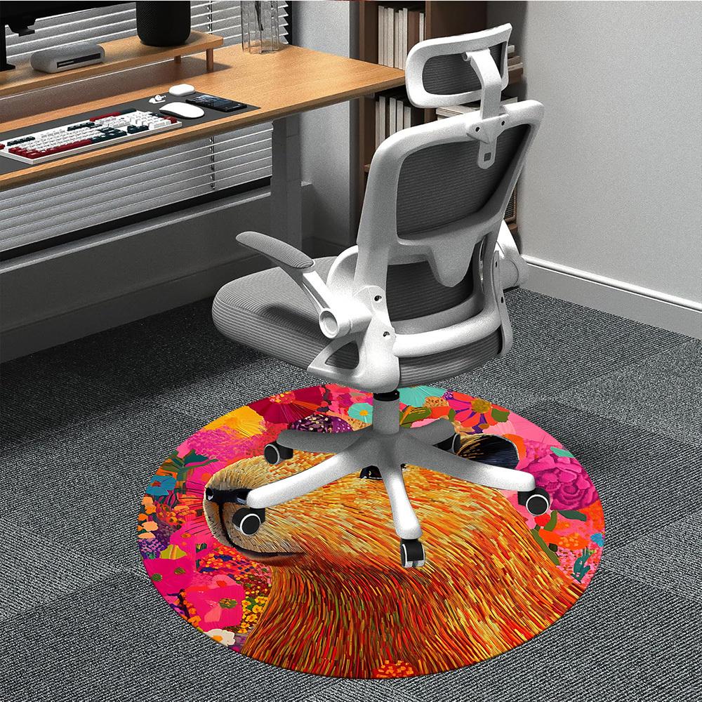 1pc Capybara Print Chair Carpet for Office, Round Non-Slip Durable Large Size Office Carpet, Suitable for Office, Beautiful Decoration