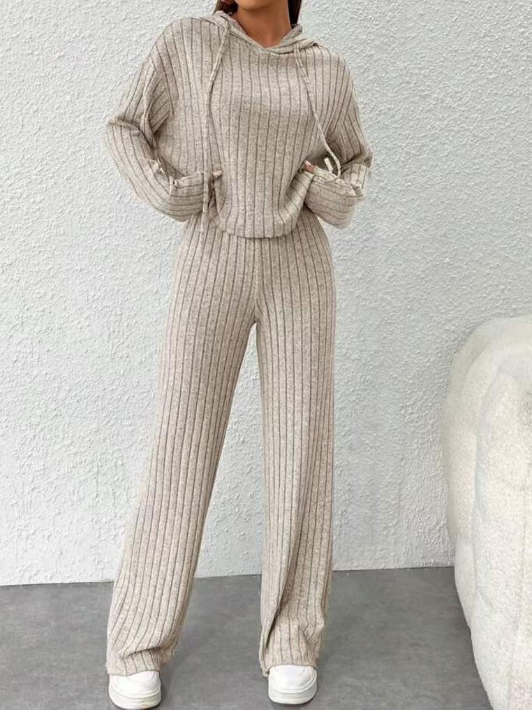 

European & American 2025 Solid Color Hooded Knitted Ribbed Loose Casual Set XX-Large хакі
