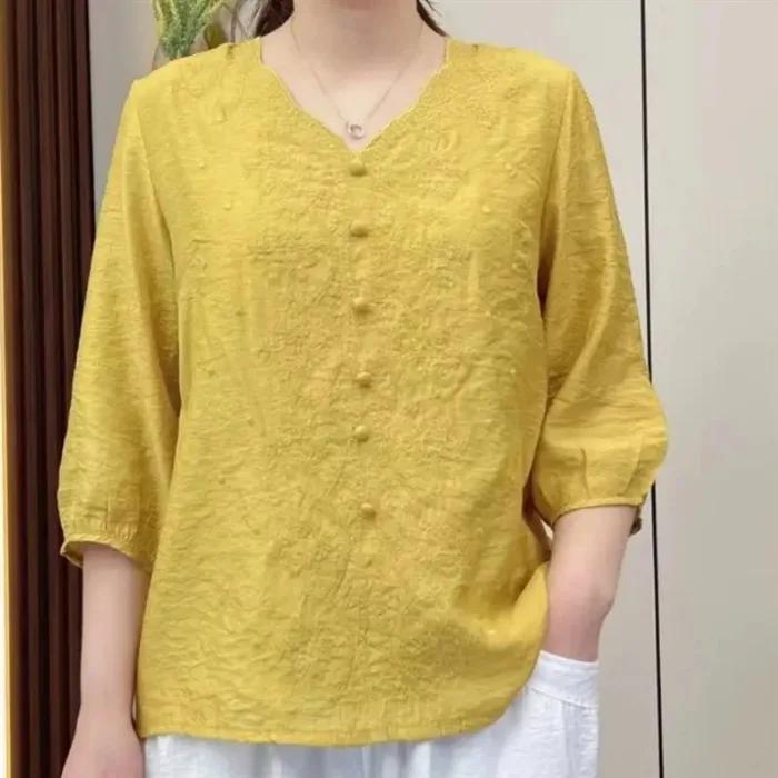Summer Women's Vintage Embroidery Cotton Linen V-neck Mid Sleeve Casual Loose Fit Women's Clothing