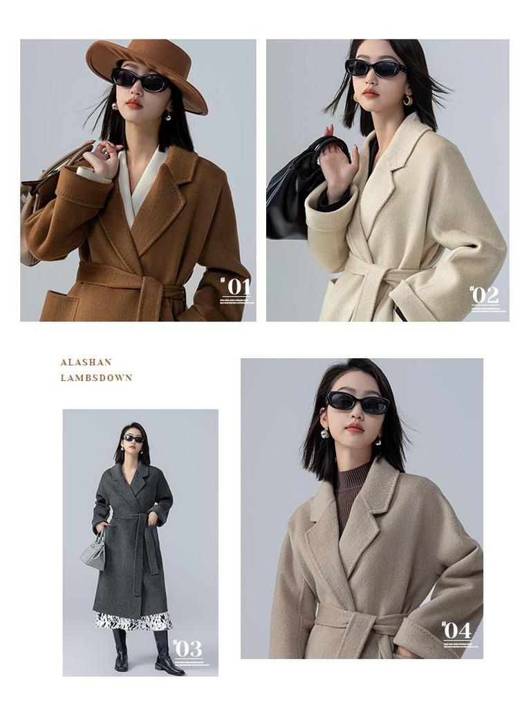 Petite Women's Mid-Length Camel Wool Coat - Loose Double-Faced Cashmere with Tie-Waist for Autumn and Winter.