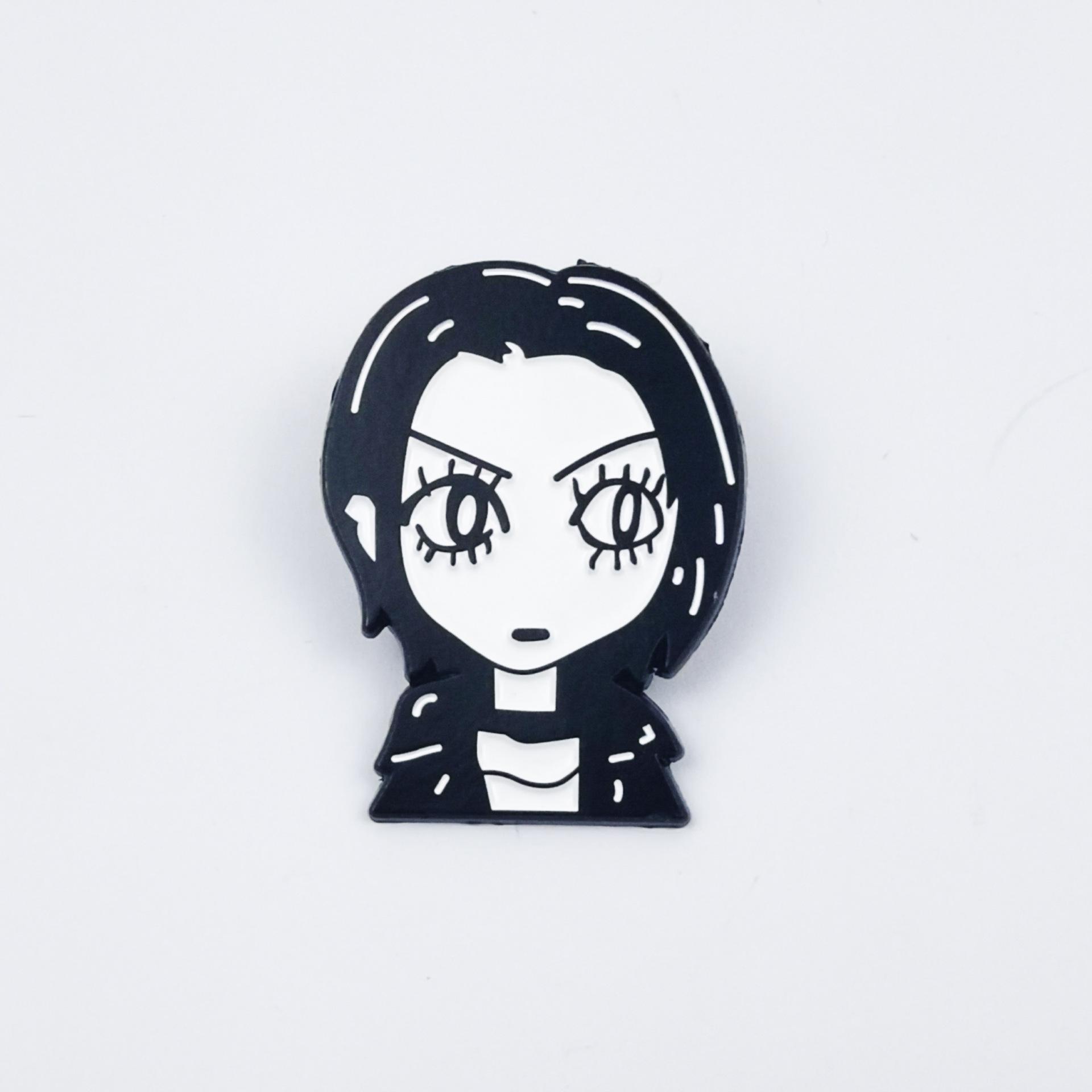 Cartoon Strawberry Girl Brooch - Cute Black  White 2D Character Badge