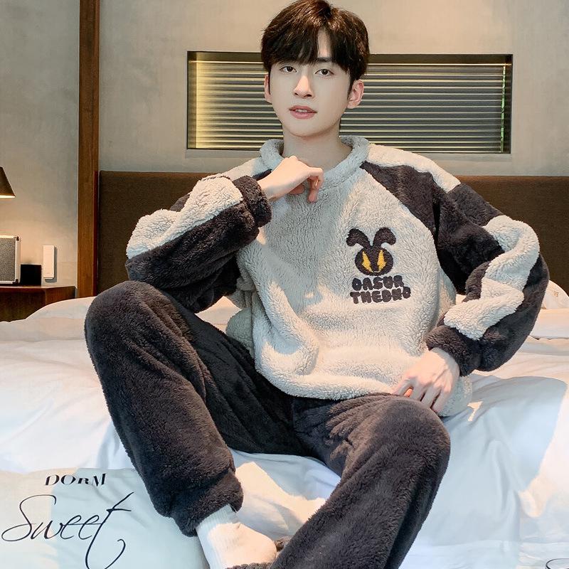 

Men s Cartoon Winter Pajamas Set - Coral Fleece, Long Sleeve Top & Plus Velvet Trousers, Flannel, Thick & Warm Double Extra Large