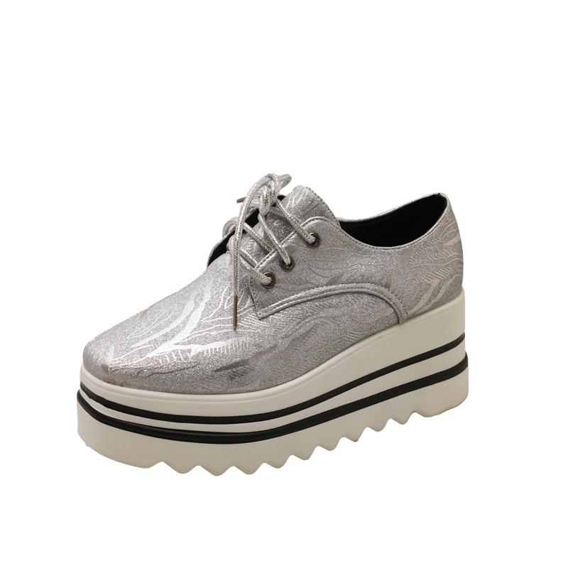 Platform Single Shoes Autumn New Round Toe Lace-Up Front Sequin Anti-Slide Heel Low-Top Women's Shoes