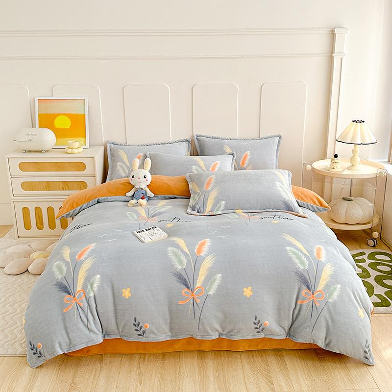 Thickened Milk Fleece Printing Four-Piece Polka Dot Student Bed Sheet Quilt Cover Bed Three-Piece Dormitory