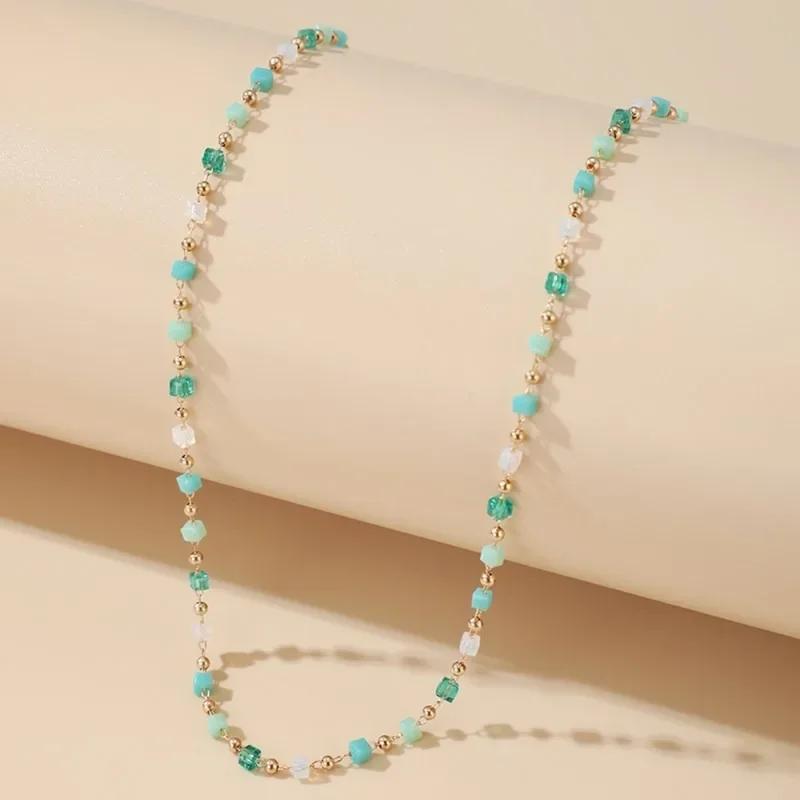 Temperament Fashion Green Stone Beaded Pendant Necklace for Women Simple Korea Fashion Collarbone Chain Jewelry Accessories Gift