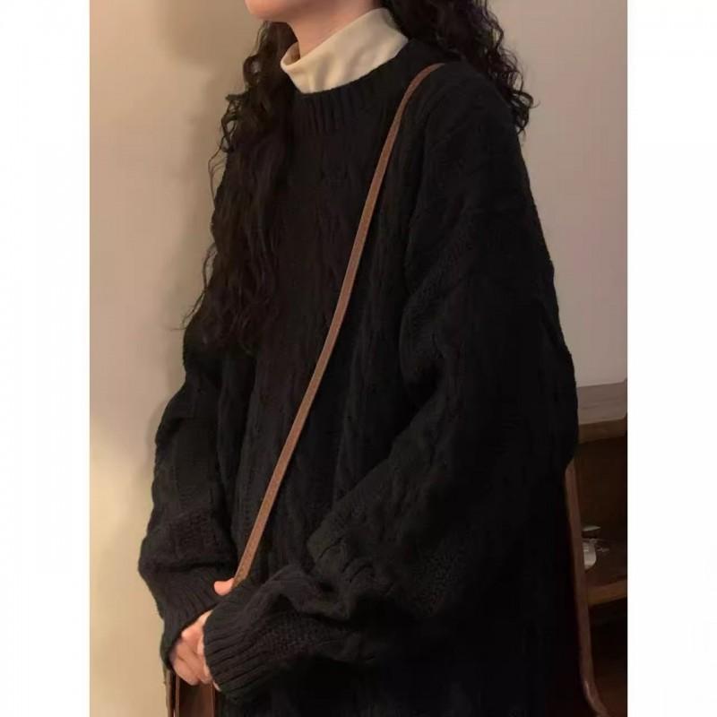 Vintage American Style Braided Knit Sweater Loose Fit Round Neck Pullover Teens