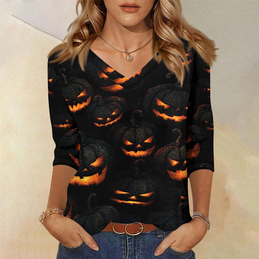 Women's Casual Halloween Print V Neck Top Three Quarter Sleeve Lightweight Blouse for Seasonal Wear