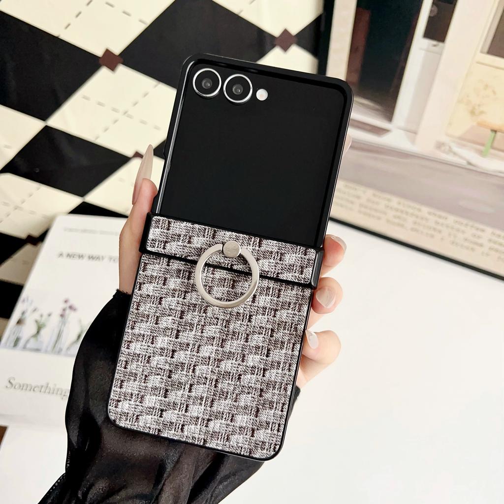 For Samsung Galaxy Z Flip7 5G Case Vintage Woven Pattern PU + TPU Phone Cover with Ring Holder