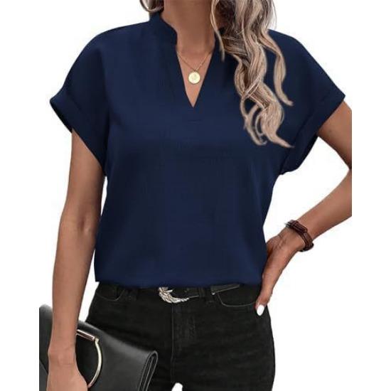 

IHUASU Летняя простая модная льняная блузка с v-образным вырезом и короткими рукавами для женщин L тёмно-синий