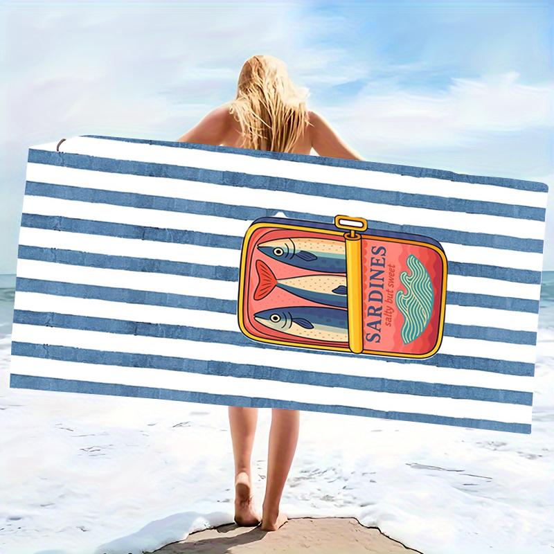 Sardines Can Pattern Beach Towel Blue White Stripe Retro Design Lightweight Travel Towel Women Summer Gift