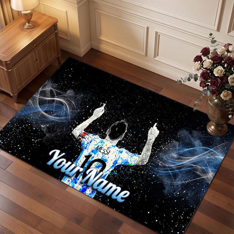 Tappeto Personalizzato in Velluto di Cristallo Lionel Messi, Stampa Testo Nome Personalizzato, Logo Calcio Morbido Antiscivolo Tappetino per Pavimento Decorazione Casa Regalo