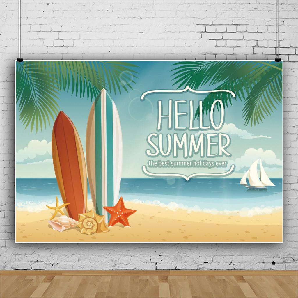 Summer Hawaii Beach Backdrop Tropical Flowers Aloha Luau Sea Surfboard Holiday Party Birthday Photography Background Decor Props