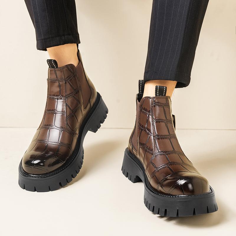 Fashion Autumn Winter New High Top Round Toe Casual Leather Boots Quality Thick Soled Business Chelsea Boots Branded Men's Travel Boots