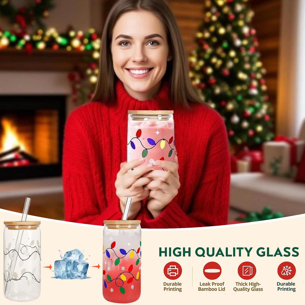 Upgraded Color Changing Christmas Cup,Cute Color Changing Glass Cup With Leakproof Lid Glass Straw And Straw Lid Xmas Gift