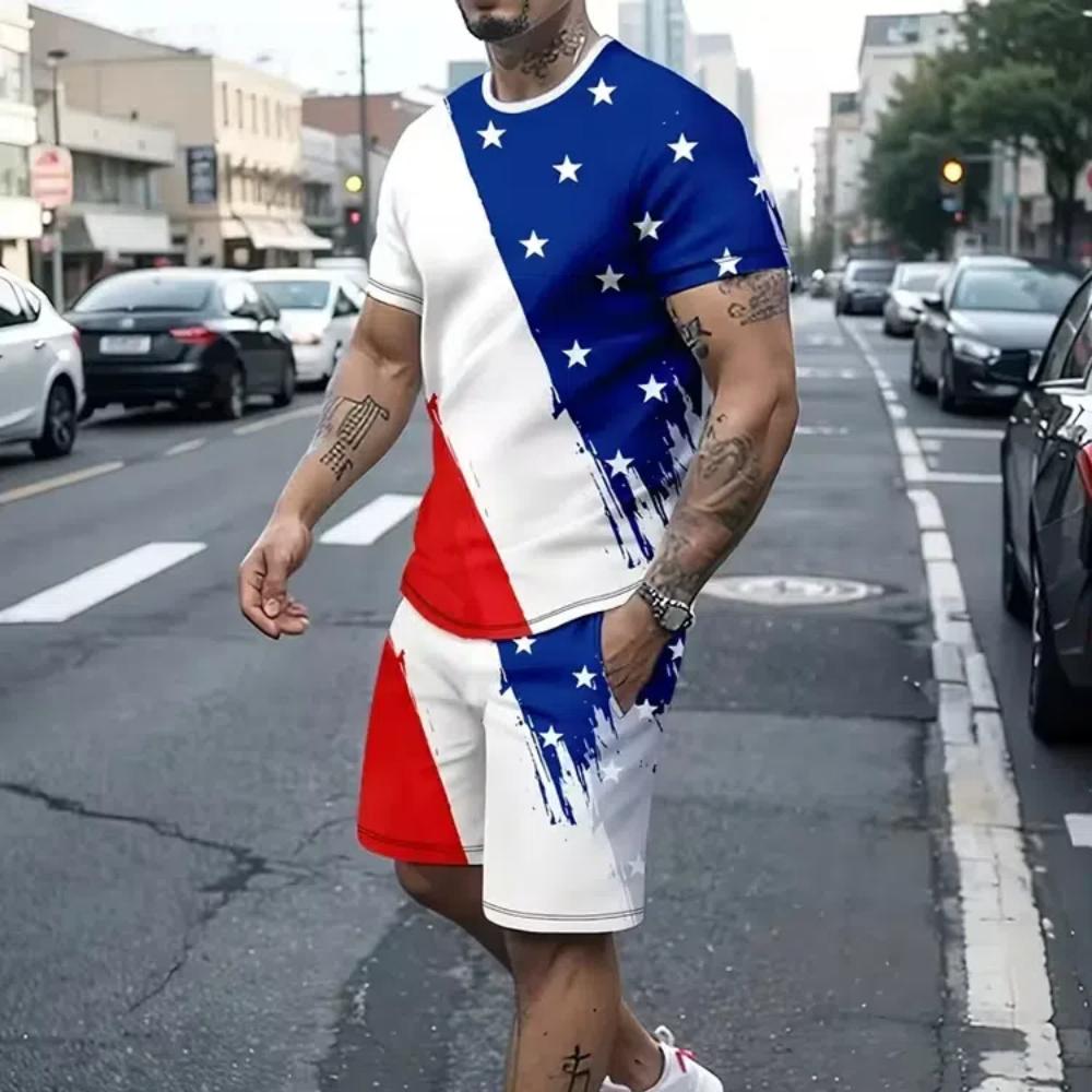 2Pcs Outfits For Men Casual Short Sleeve T-shirt And Drawstring Shorts Set For Summer Men's Clothing Loungewear Vacation Workout