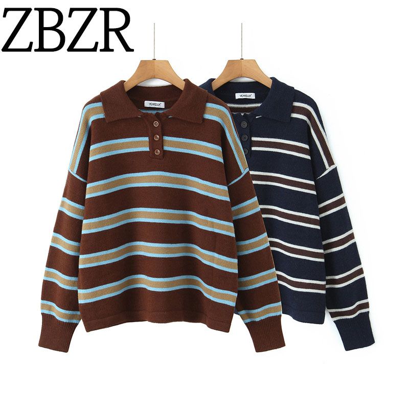 Za Autumn and Winter New Arrivals Women's Clothing Zr European and American Style Fashionable Color-Block Striped Lapel Sweater Loose Knit Top