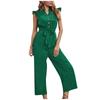 Women's Solid Color V-neck One-breasted Agaric Hem Sleeve Nine-piece Jumpsuit