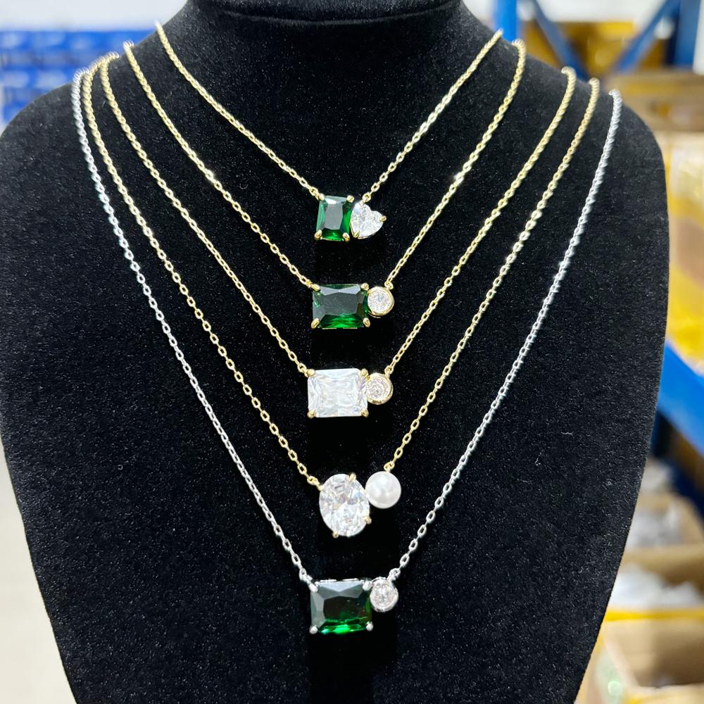 Women 18K Gold Plated Square Oval Heart Green Crystal Cubic Zirconia Dainty Choker Necklace New Fashion Gold Necklaces for Lady