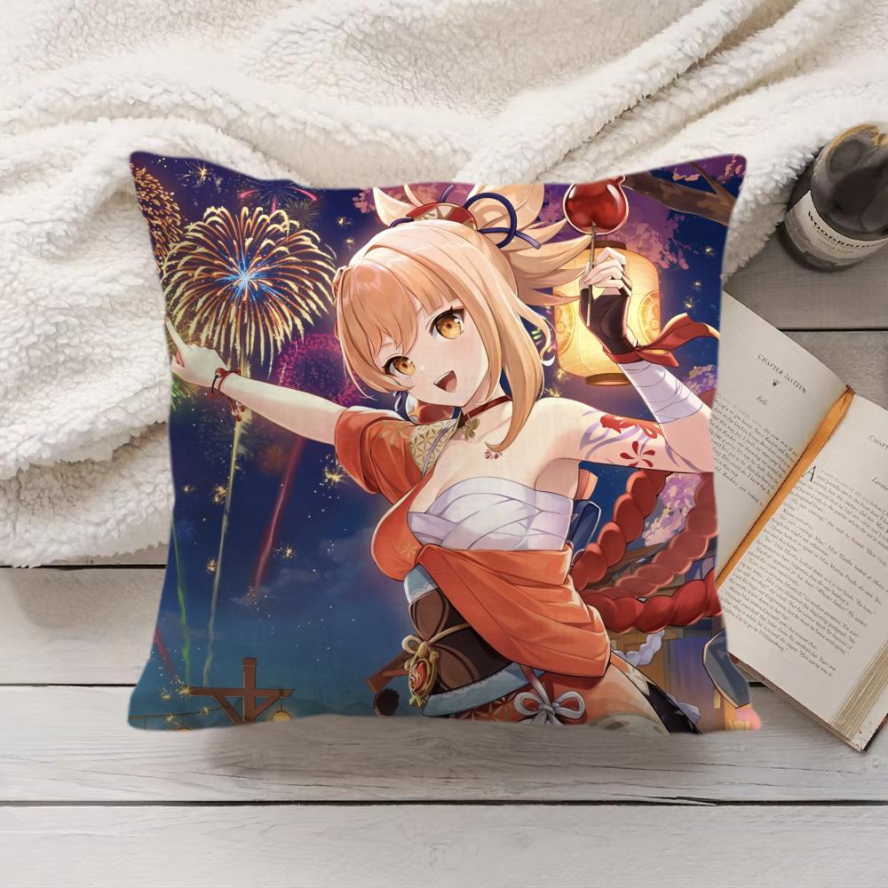 Yoimiya Genshin Impact Cute Cushion Cover Silky Short Plush Invisible Zipper Dustproof Sofa Pillow Case For Home Decor