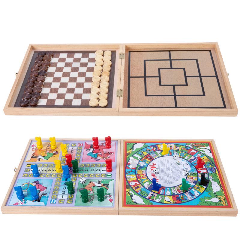 Tavola Multi-Gioco in Legno: Ludo, Gioco dell'Oca, Scacchi e Divertimento Educativo per Bambini
