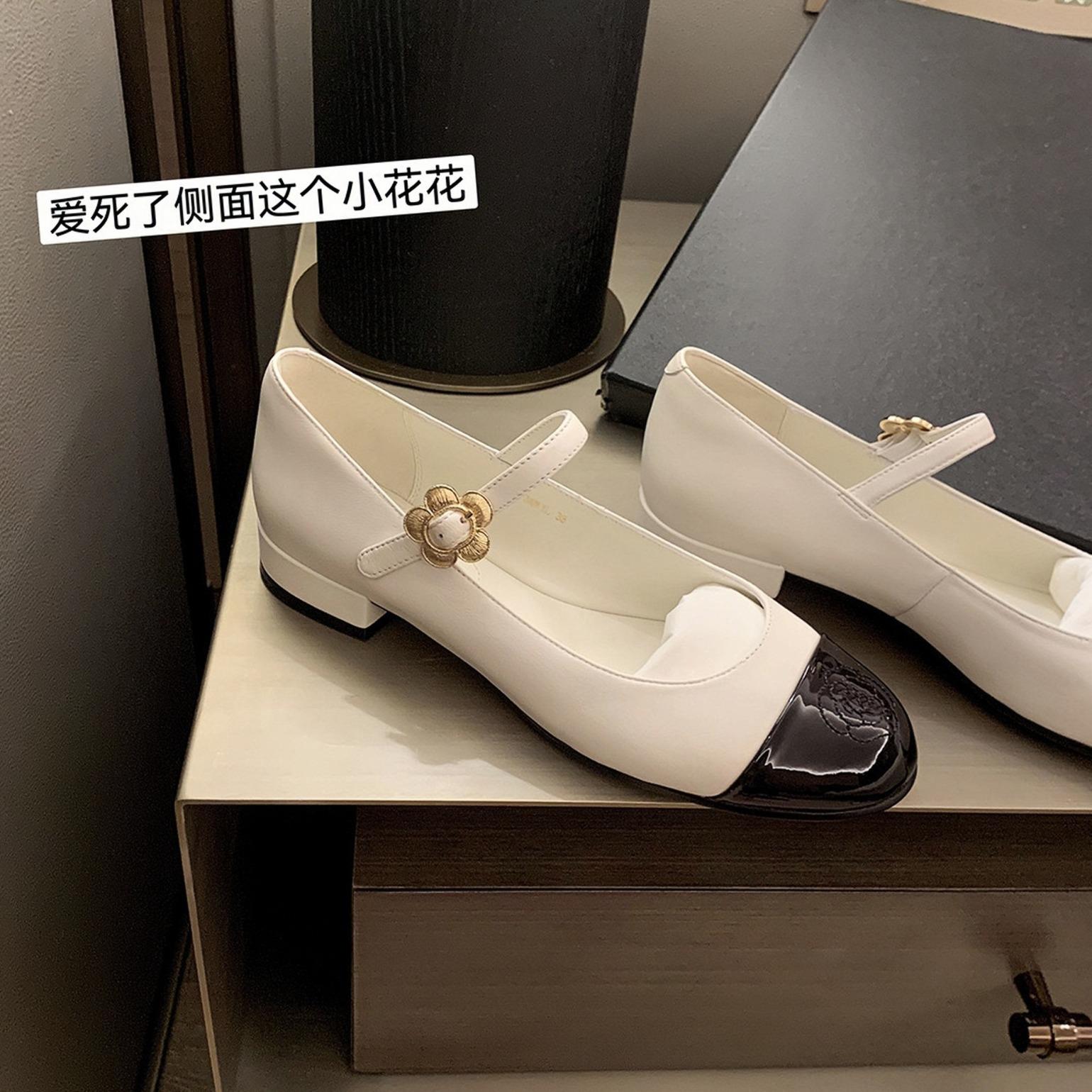 Sheepskin version~ retro Xiaoxiangfeng genuine leather Mary Jane shoes women s flower one-word buckle with low heel flat bottom commuting shoes 35