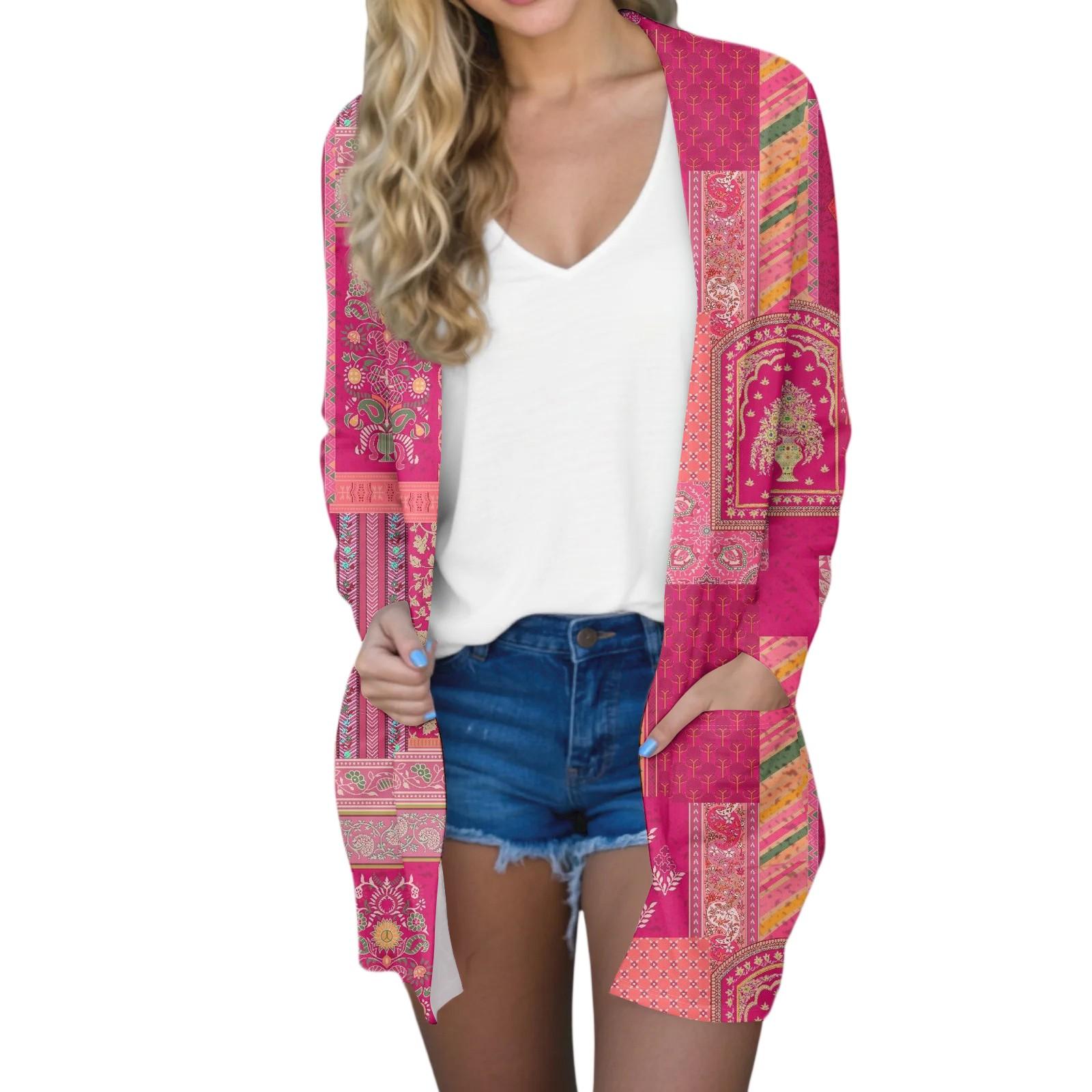 

Женский модный повседневный удобный кардиган средней длины с цветочным принтом S красный